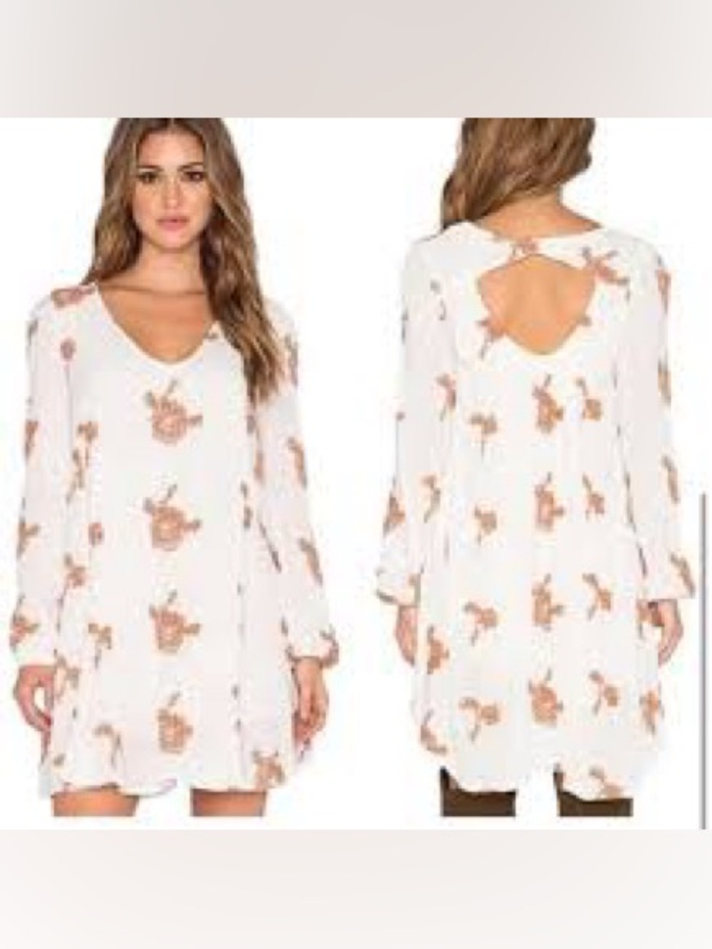 Free People White Long Sleeve Floral Swing Dress with Cutout Back